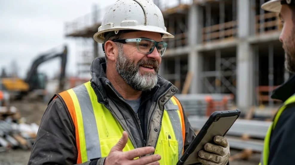 Chef de chantier en casque, lunettes et gilet de sécurité, tablette en main, devant un bâtiment en construction